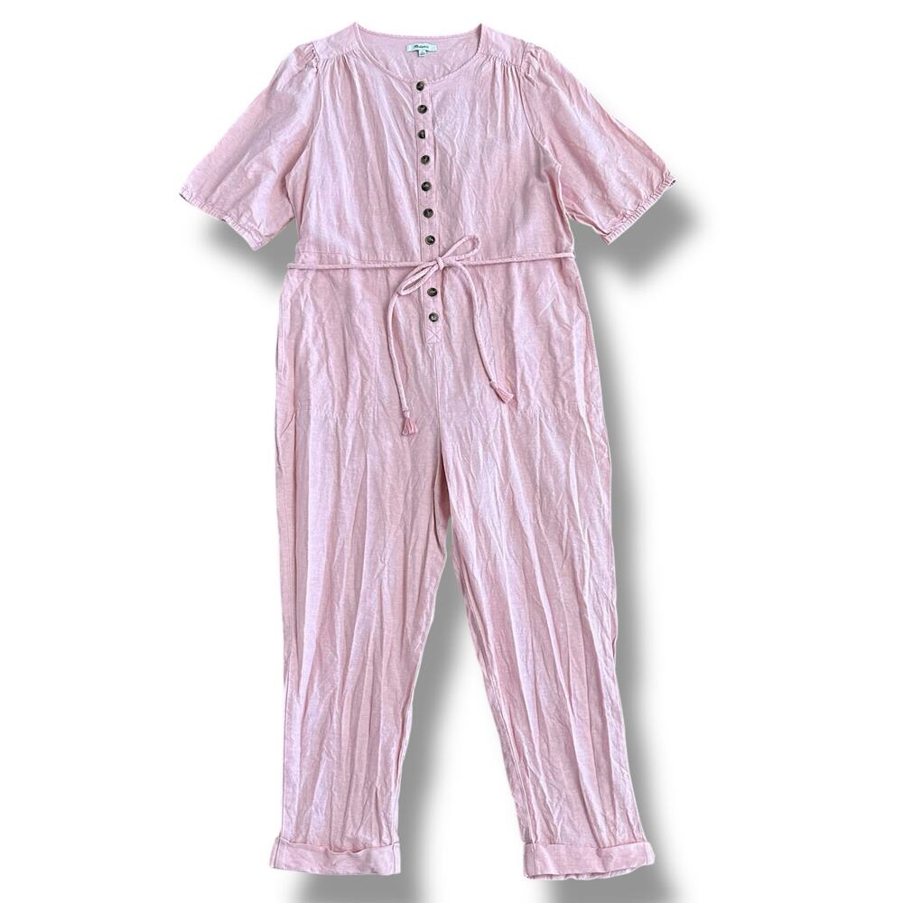 Madewell‎ Linen Blend Button Front Jumpsuit Pink Short Sleeve Pockets Women’s XL